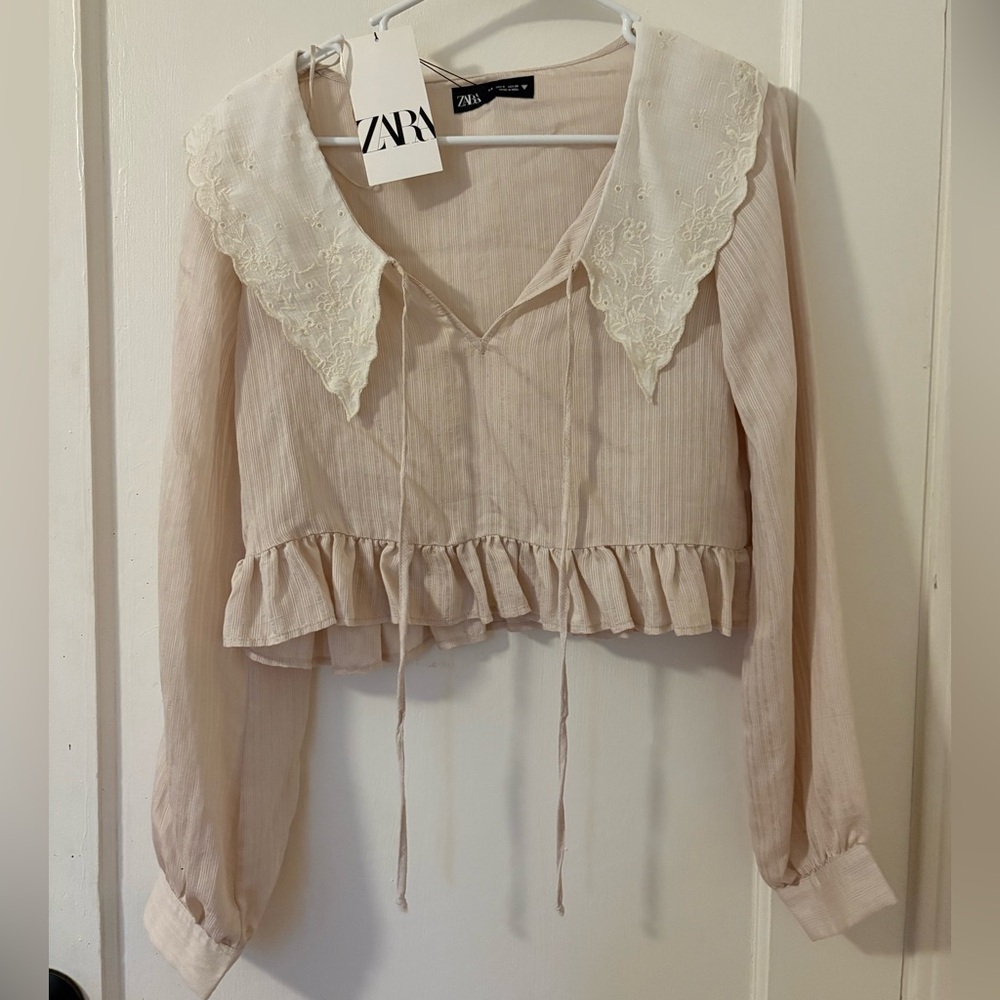 Zara Women's Cream Blouse with Lace Collar